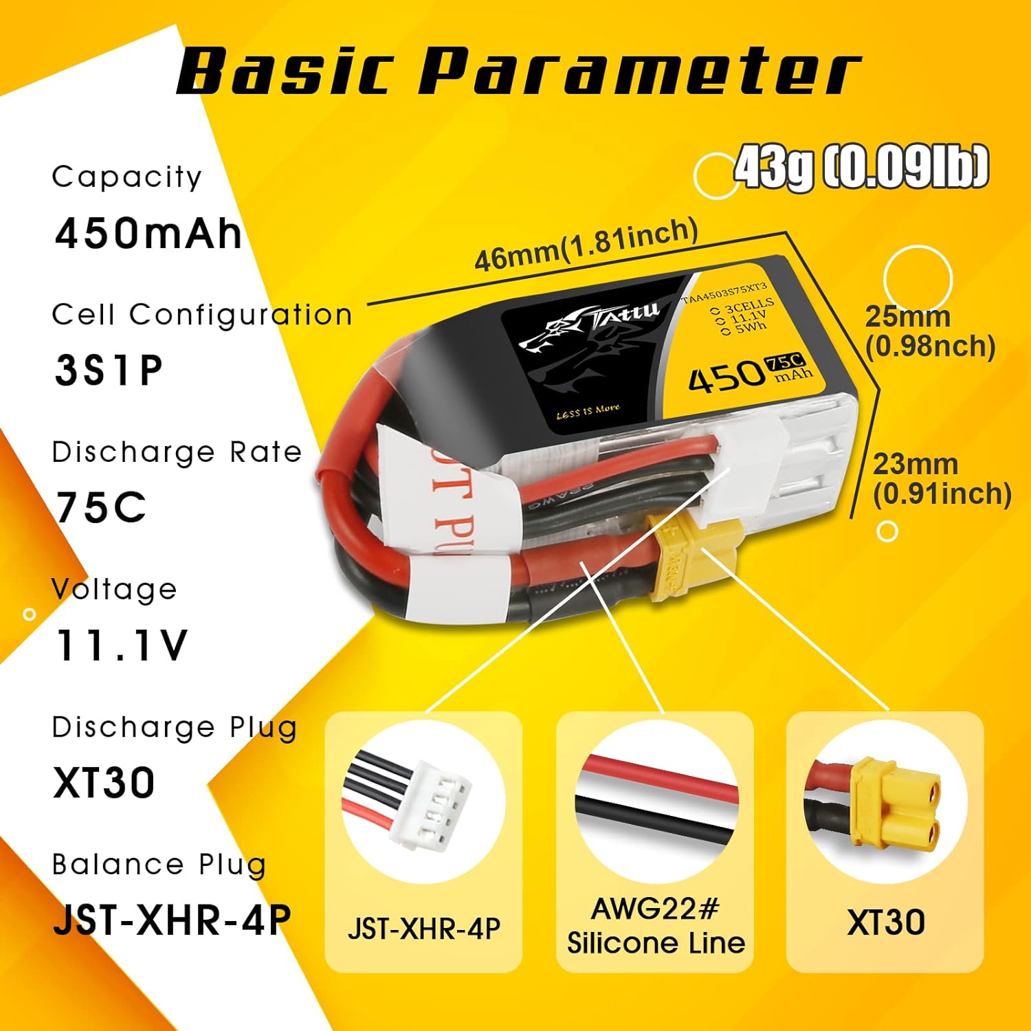 Tattu 3s LiPo Battery 75C (11.1V/450mAh) w/XT-30 Connector