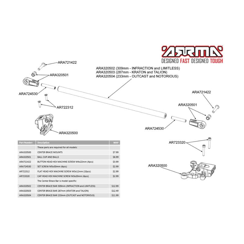 Arrma 6S BLX Center Brace Ball Cups & Balls (4)