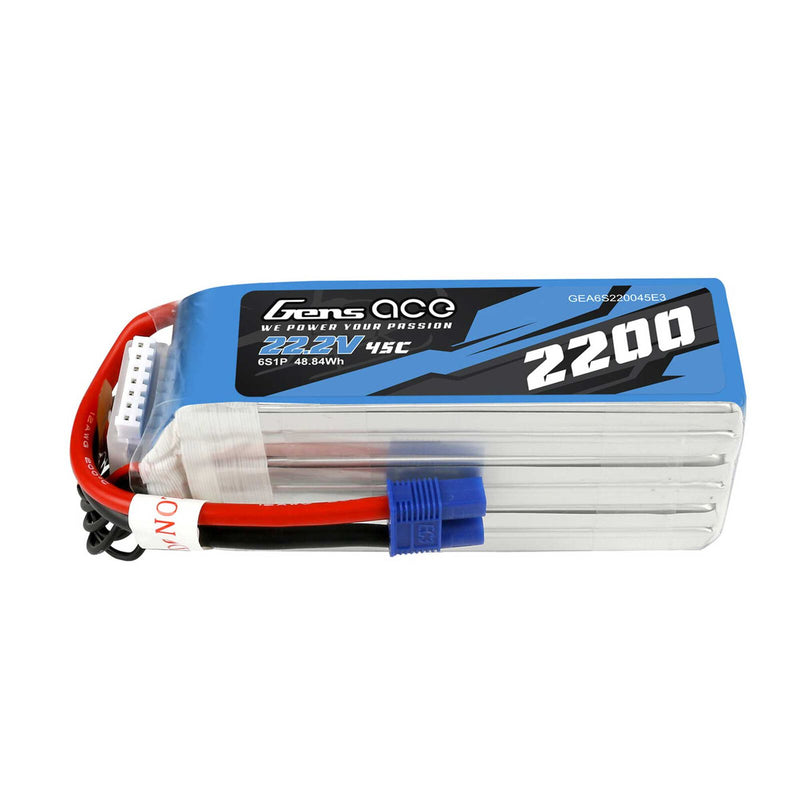 Gens Ace 6S LiPo Battery 45C (22.2V/2200mAh) w/EC3 Connector (Soft Pack)