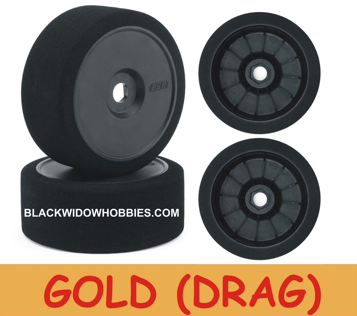 BSR Racing 1/8 Pre-Mounted GT Foam Tires (Black) (2) (Gold) w/17mm Hex