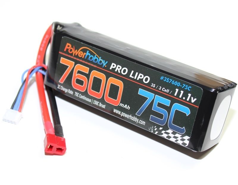 Power Hobby LiPo Battery with Hardwired T-Plug Connector 7600mAh 11.1V 3S 75C