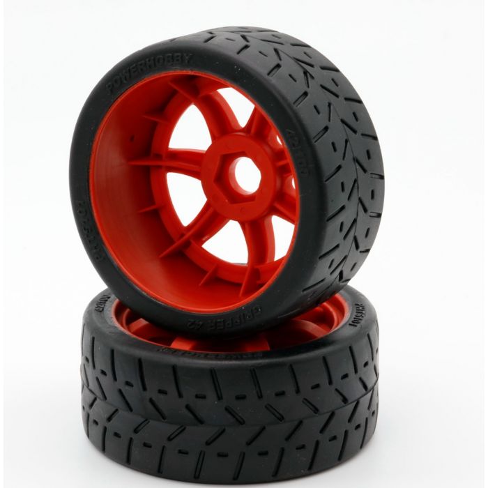 Powerhobby 1/8 Gripper 42/100 Belted Mounted Tires 17mm Red Wheels