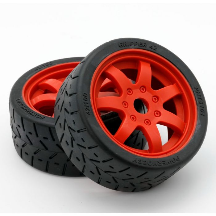Powerhobby 1/8 Gripper 42/100 Belted Mounted Tires 17mm Red Wheels
