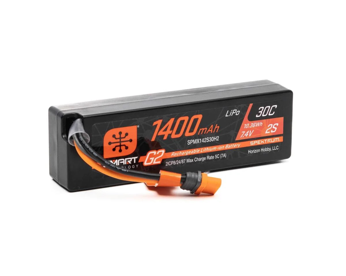 Spektrum 7.4V 1400mAh 2S 30C Smart G2 LiPo IC2 ,NASCAR ,1/14 TYPHON,1/16 MOJAVE,1/18 GRANITE