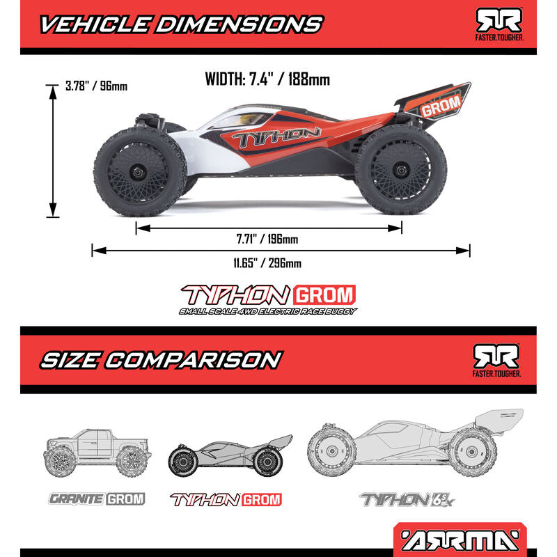 Arrma Typhon Grom MEGA 4WD 380 Brushed 1/18 Buggy RTR (Red/White) w/SLT2 2.4GHz Radio, Battery & Charger
