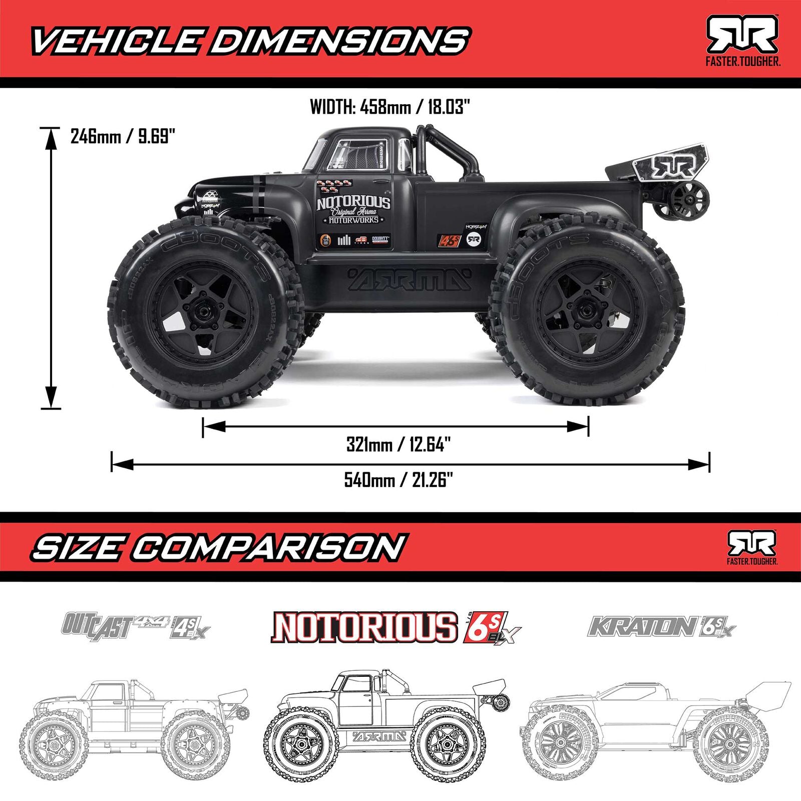 Arrma Notorious 6S BLX Brushless RTR 1/8 Monster Stunt Truck (Black) (V6) w/SLT3 2.4GHz Radio