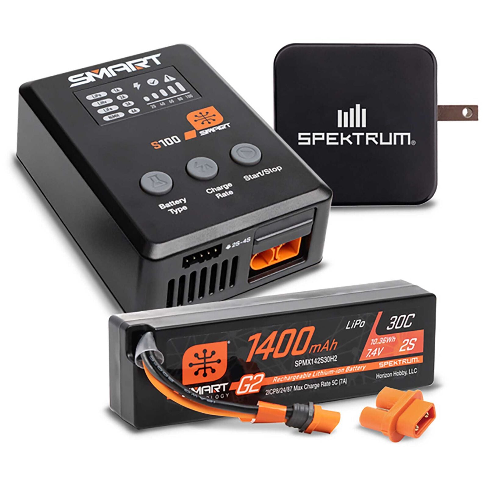 Spektrum Smart Powerstage Surface Bundle: 1400mAh 2S 30C LiPo Battery (IC2) / 100W S100 Charger / 65W Power Supply / Adapter