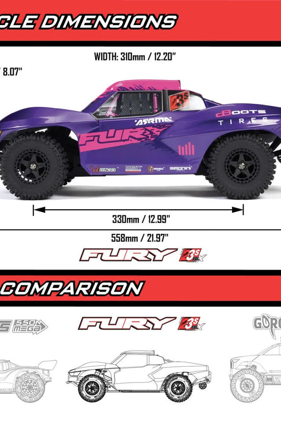 Arrma Fury 223S BLX 1/10 Brushless RTR 2WD Short Course Truck (Purple) w/SLT2 2.4GHz Radio & DSC