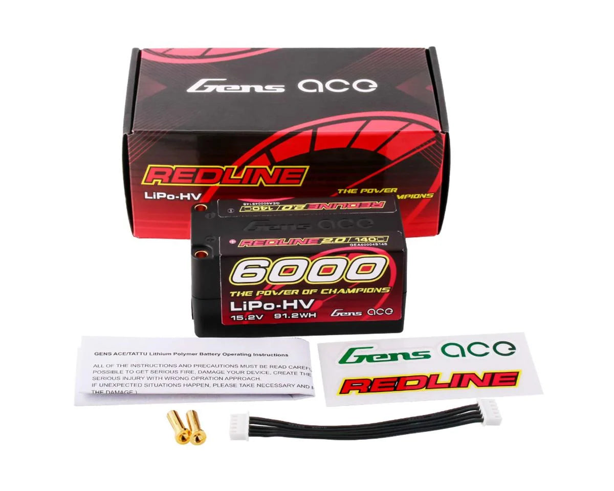 Gens Ace Redline 2.0 4S Shorty LiHV Battery 140C (15.2V/6000mAh) w/5mm Bullets